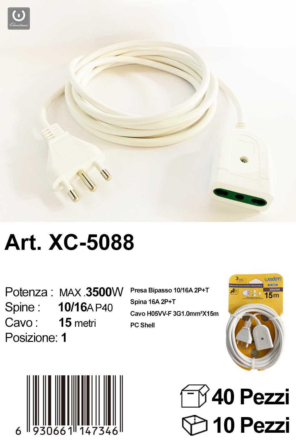 XC-5088 Prolunga elettrica bipasso bianca cavo da 15 metri potenza massima 3500W - immagine 1