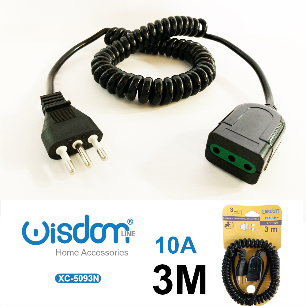 XC-5093N Prolunga elettrica avvolgibile a spirale colore nero lunghezza 3 metri capacità di corrente massima 10 Ampere - immagine 1