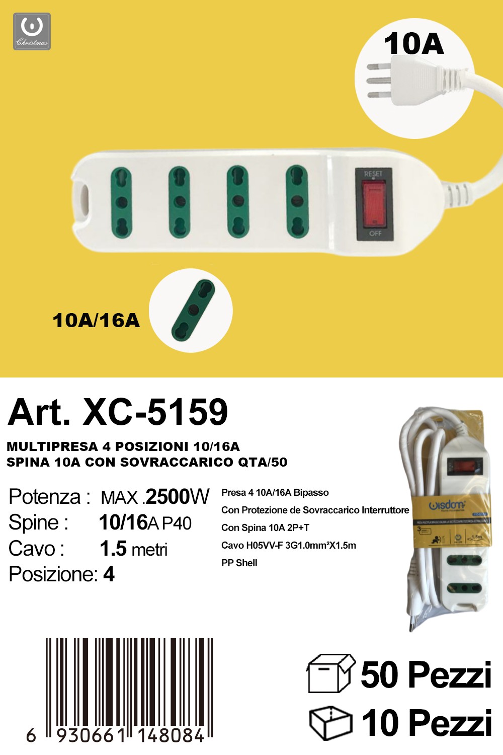 XC-5159 Ciabatta Multipresa elettrica da 1,5 metri a 4 posizioni potenza massima 2500W con spina da 10/16A - immagine 1