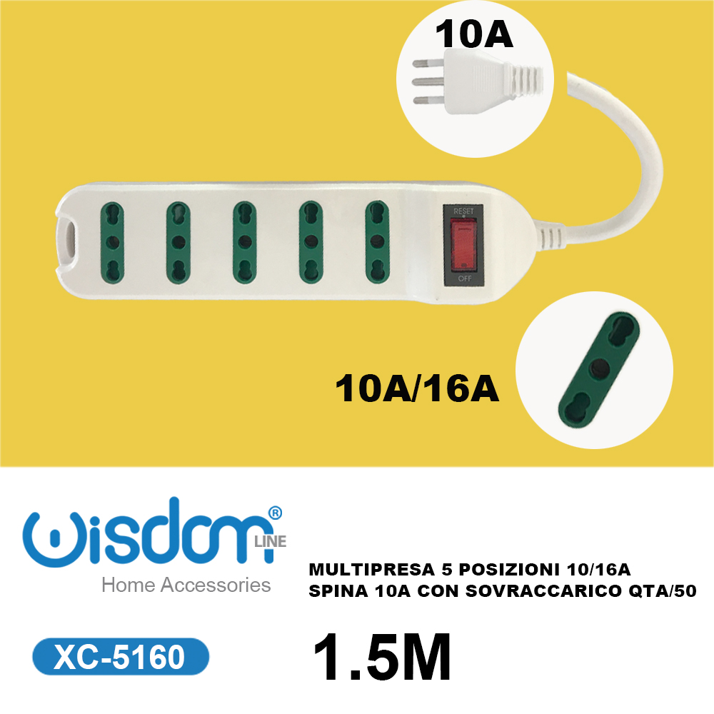 XC-5160 Ciabatta elettrica multipresa da 1,5 metri con 5 ingressi potenza max 2500W prese standard bipasso e interruttore luminoso - immagine 1