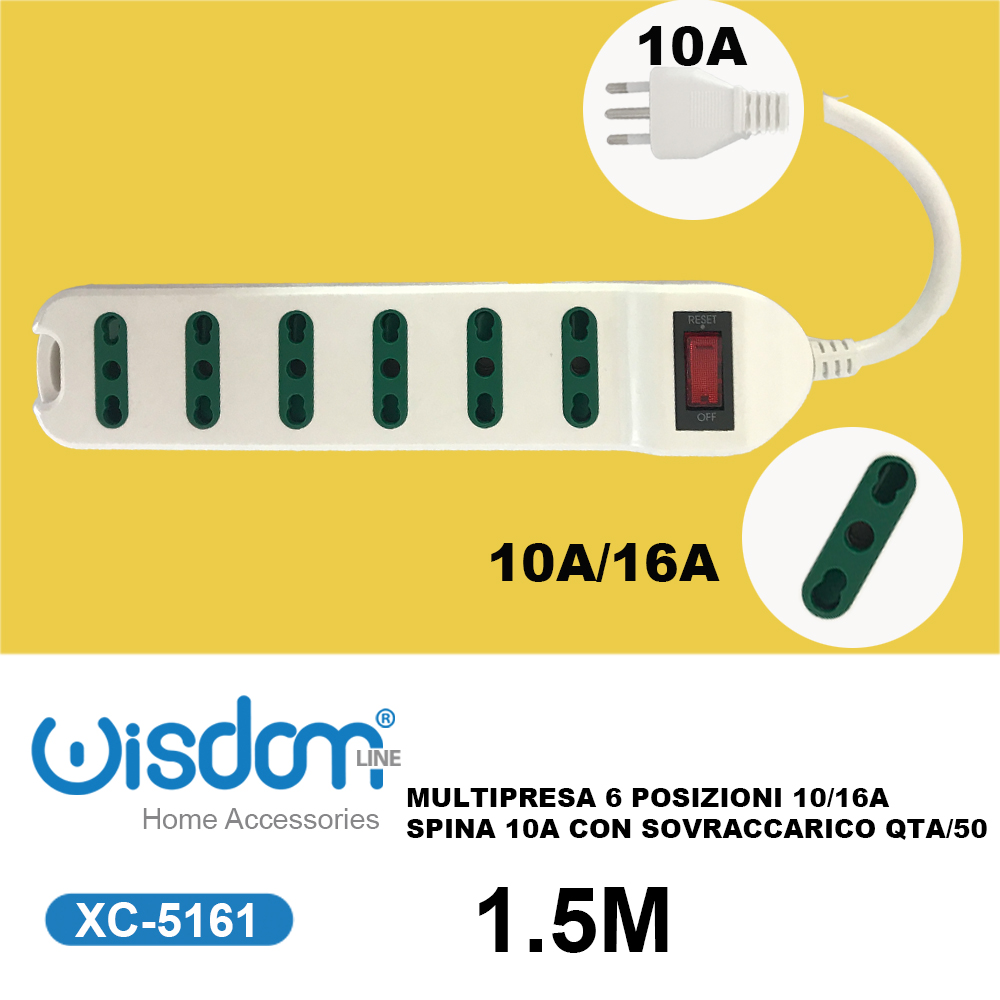 XC-5161 Ciabatta elettrica multipresa da 1,5 metri con 6 ingressi potenza max 2500W prese standard bipasso e interruttore luminoso - immagine 1
