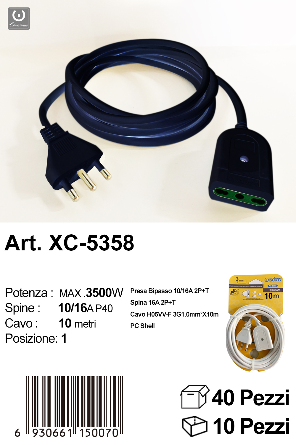 XC-5358 Prolunga elettrica colore nero da 10 metri con potenza massima di 3500W - immagine 1