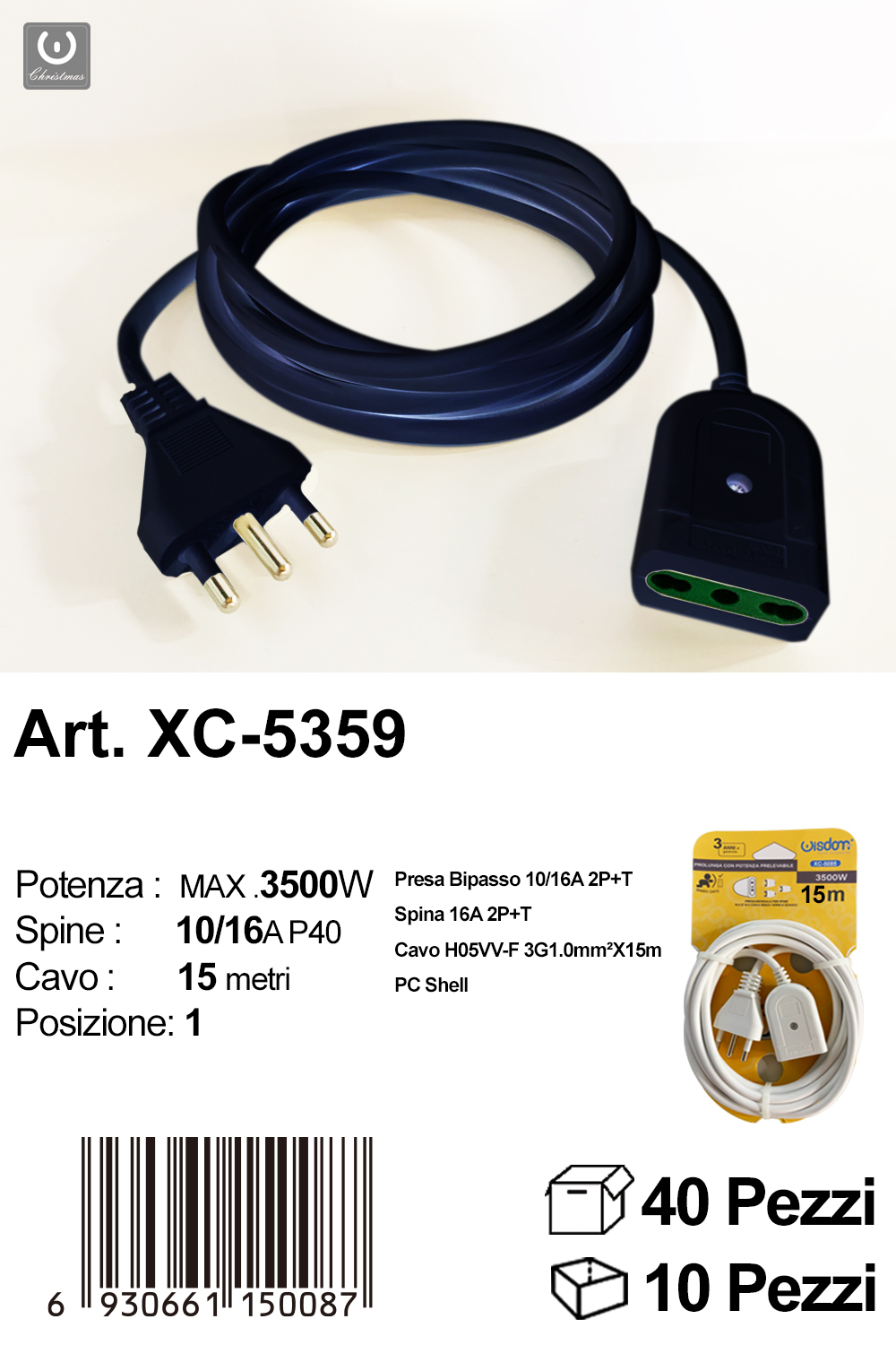 XC-5359 Prolunga elettrica colore nero da 15 metri con potenza massima di 3500W - immagine 1