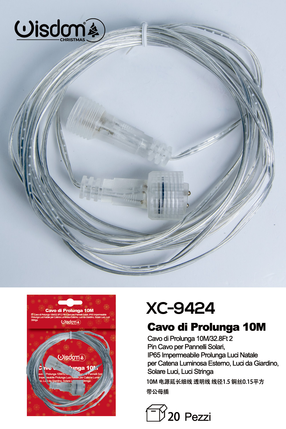 XC-9424 Cavo di prolunga colore trasparente per catene luminose LED da 10 metri con connettore maschio femmina adatta sia per uso interno che esterno grado di protezione IP65 - immagine 1