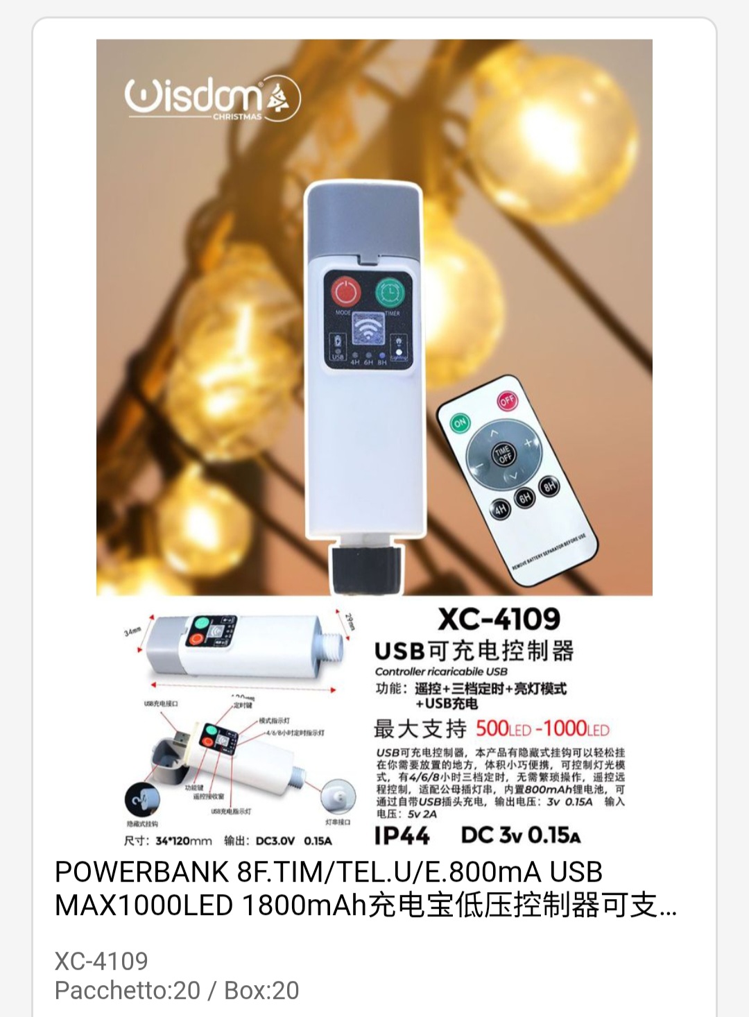 xc-4109 Controller ricaricabile colore bianco per catene luminose a LED per alimentazione luci tramite usb o power bank da 800ma grado protezione IP44 - immagine 1