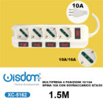 Multipresa elettrica a 4 posizioni dotata di prese da 10/16A con interruttori individuali per ogni presa lunghezza cavo 1,5 metri