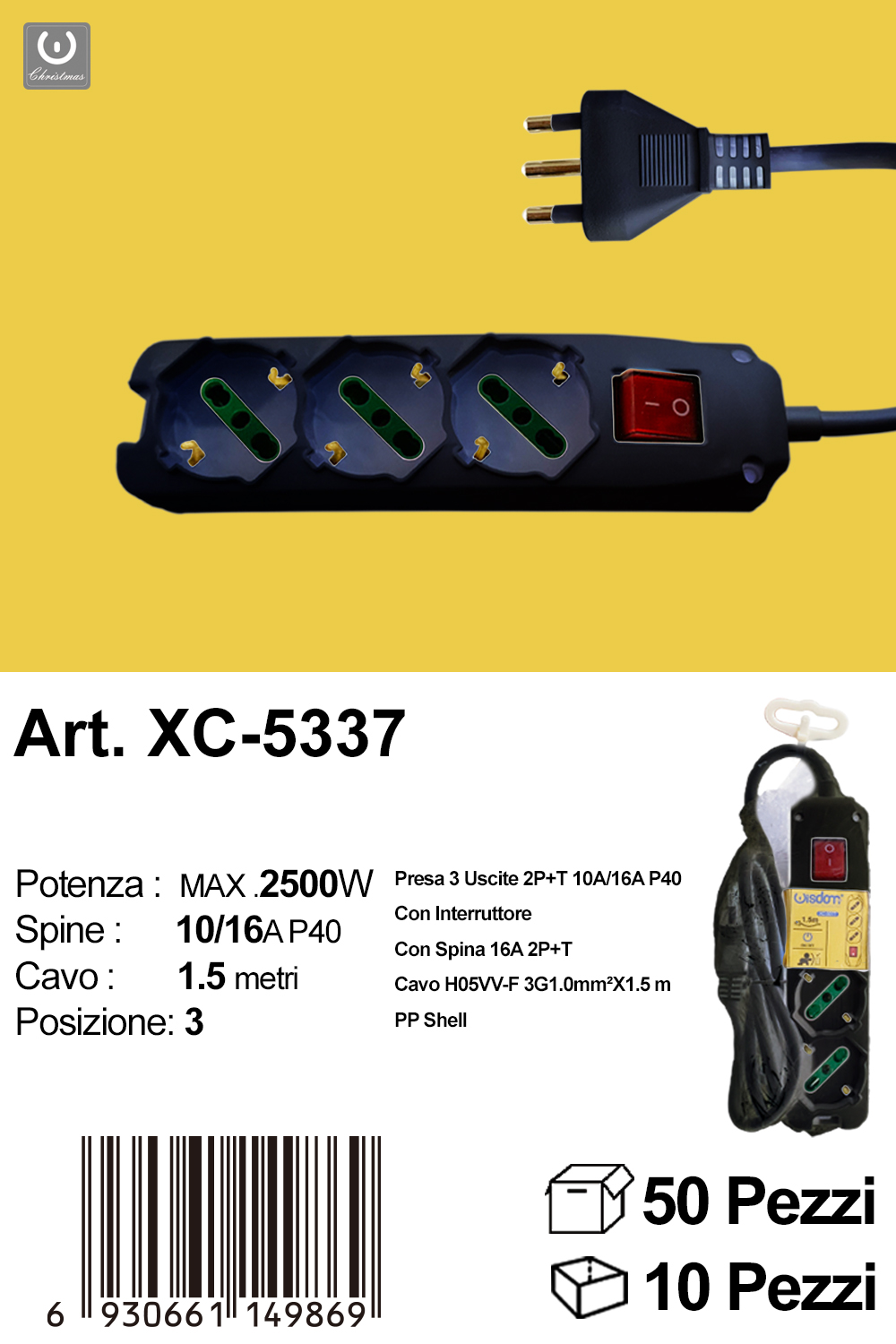 xc-5337 Presa elettrica nera multipla con tre uscite potenza massima 2500W lunghezza cavo 1,5 metri - immagine 1
