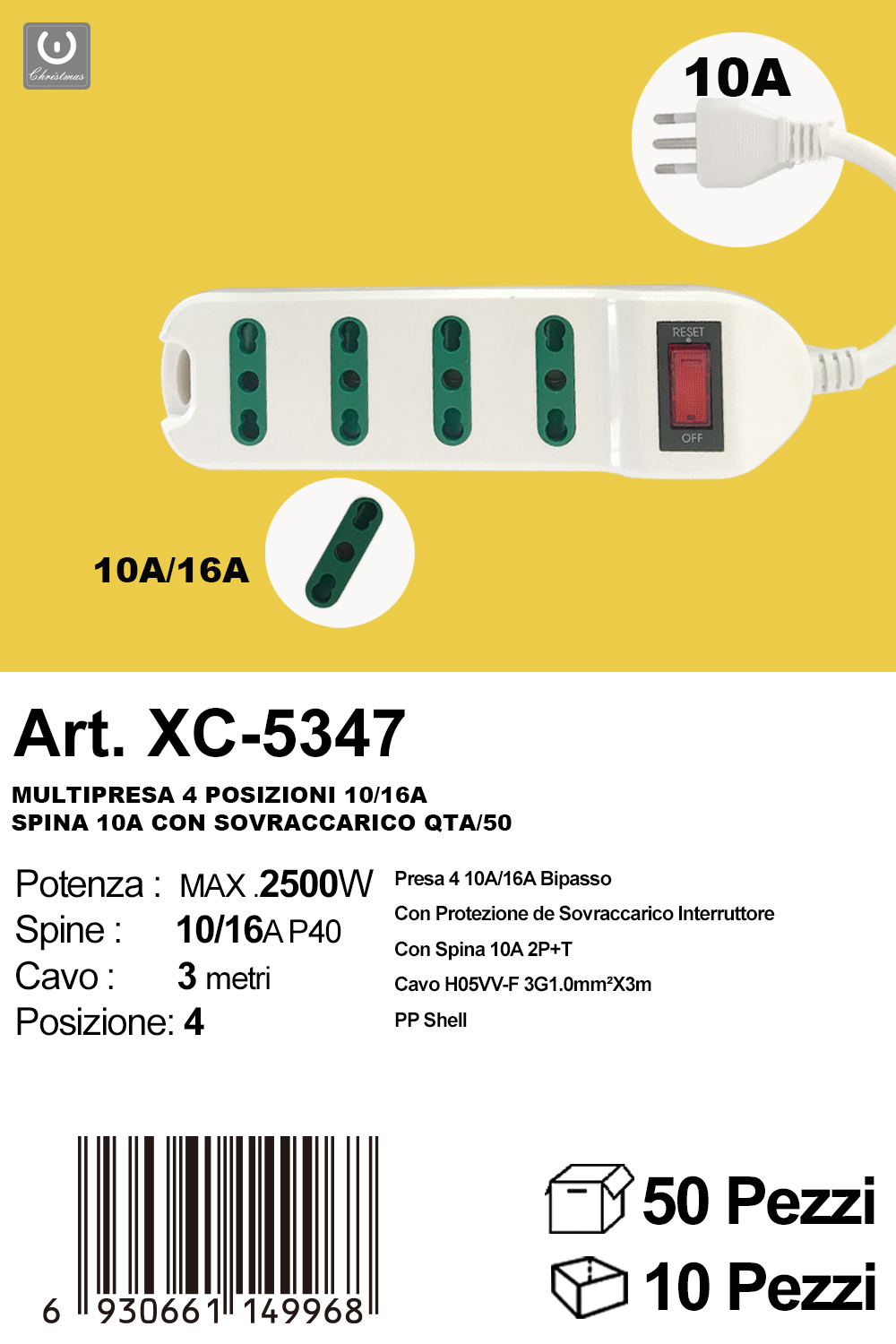 xc-5347 Ciabatta Multipresa elettrica da 3 metri a 4 posizioni potenza massima 2500W con spina da 10/16A - immagine 1