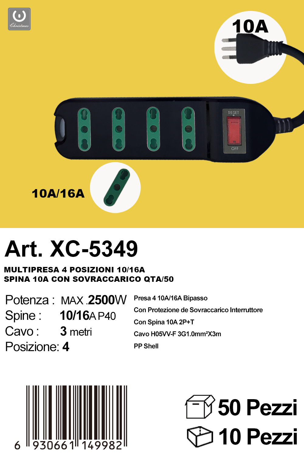 xc-5349 Multipresa elettrica colore nero da 4 posizioni con prese bipasso cavo lunghezza 3 metri - immagine 1