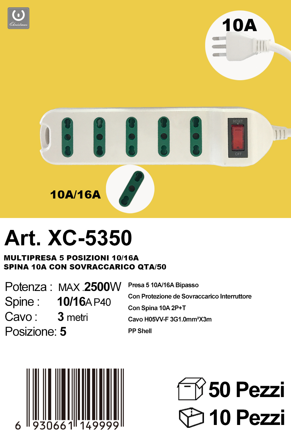 xc-5350 Ciabatta Multipresa elettrica da 3 metri a 5 posizioni potenza massima 2500W con spina da 10/16A - immagine 1