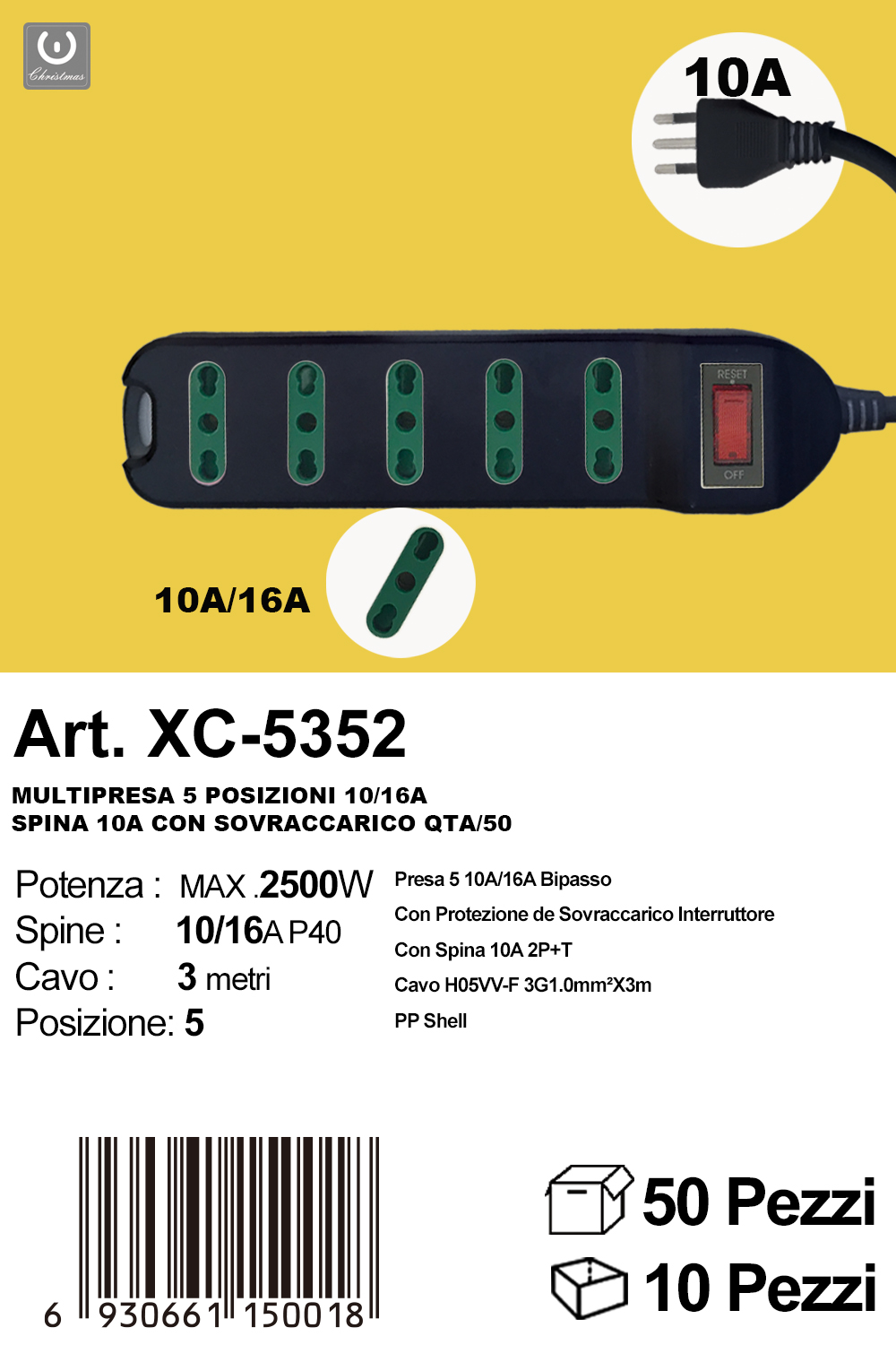 xc-5352 Multipresa elettrica colore nero da 5 posizioni con prese bipasso cavo lunghezza 3 metri - immagine 1