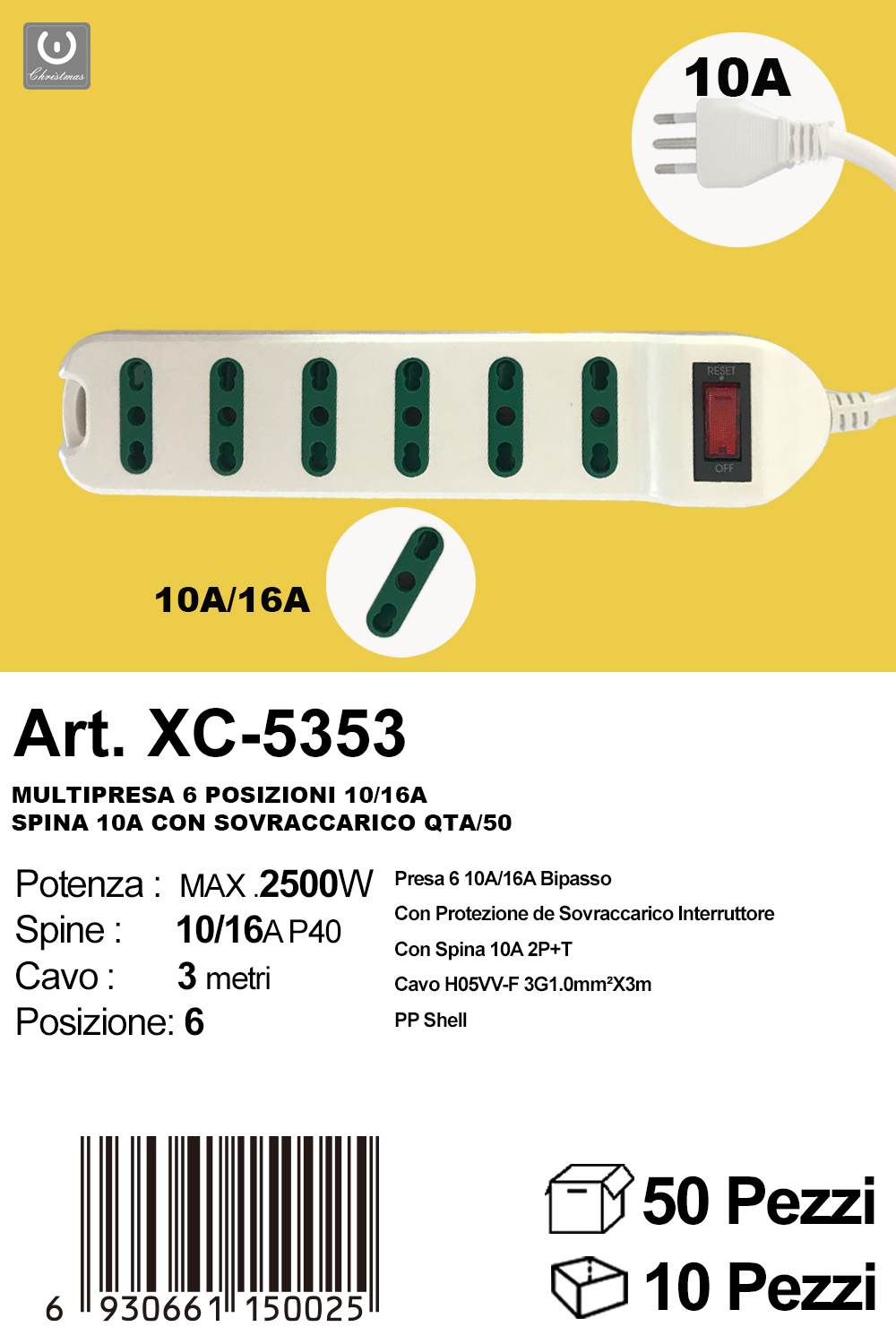 xc-5353 Ciabatta Multipresa elettrica da 3 metri a 6 posizioni potenza massima 2500W con spina da 10/16A - immagine 1
