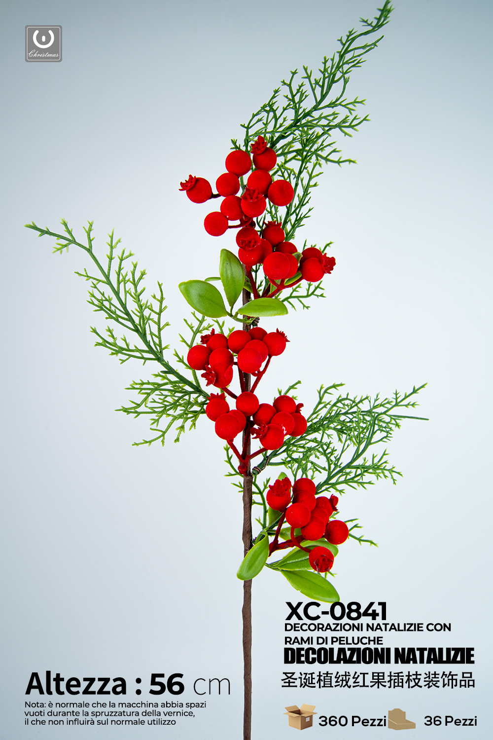 XC-0841 Ramo decorativo natalizio con bacche rosse e rami altezza 56cm - immagine 1