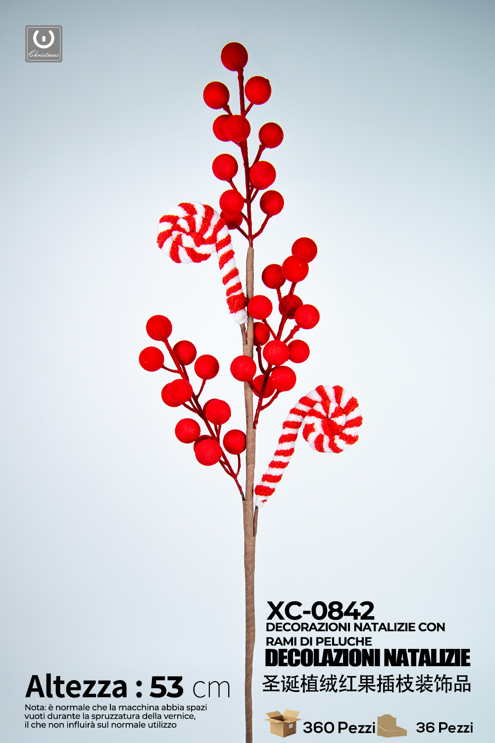 XC-0842 Ramo decorativo natalizio con bacche rosse altezza 53cm - immagine 1