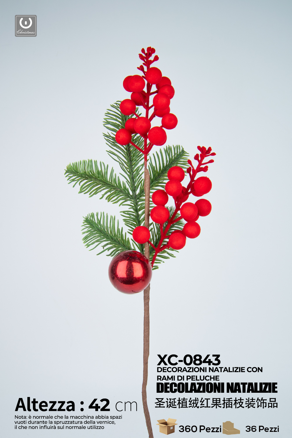 XC-0843 Ramo decorativo natalizio con bacche rosse e rami altezza 42cm - immagine 1