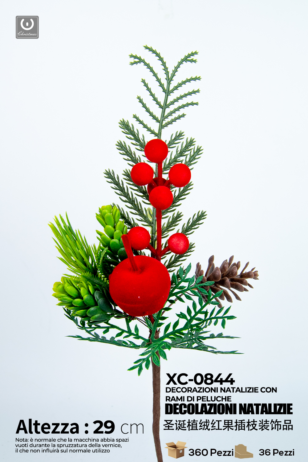 XC-0844 Ramo decorativo natalizio con bacche rosse mela e rami altezza 29cm - immagine 1