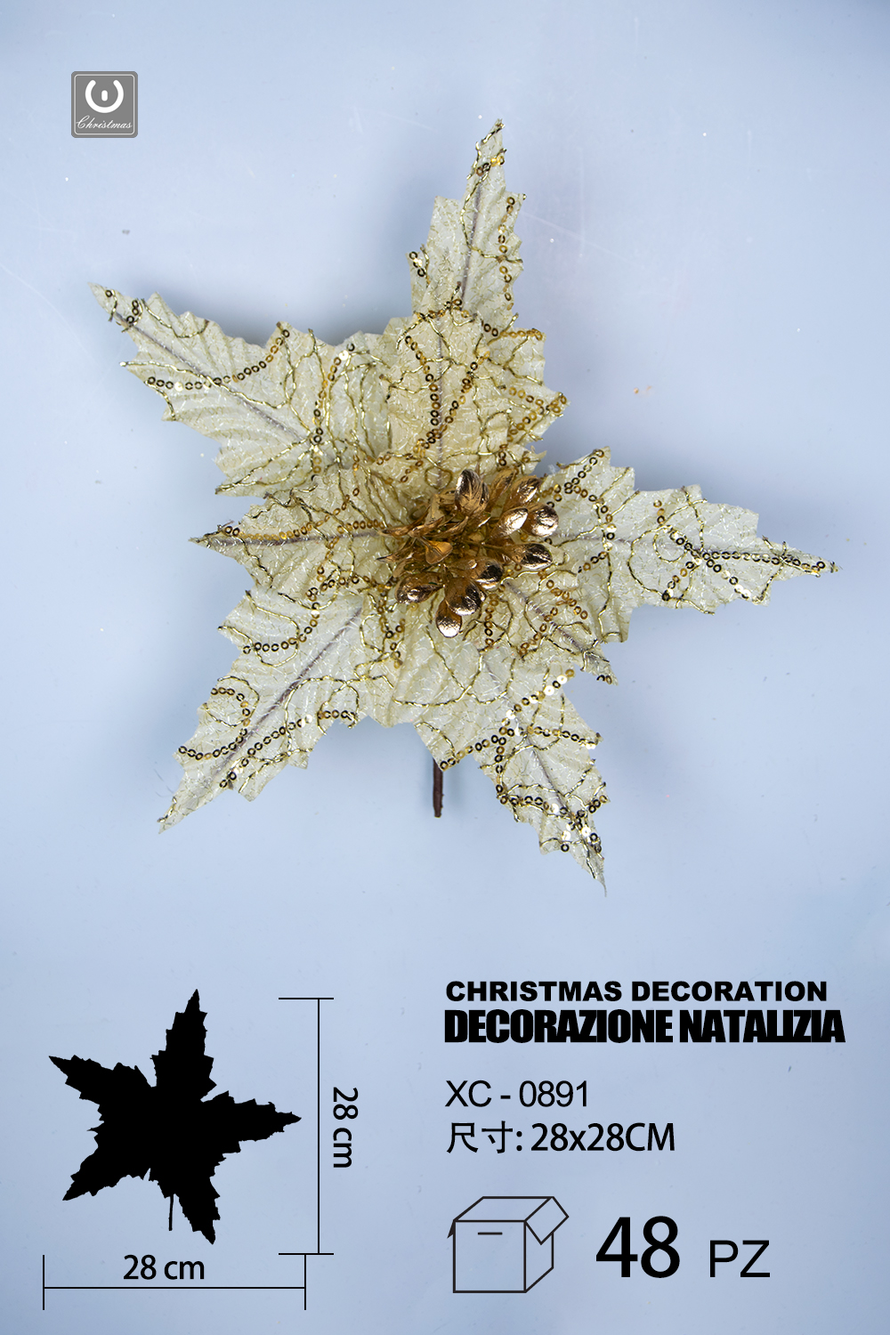 XC-0891 Decorazione natalizia a forma di fiore dorato dimensione 28cm - immagine 1