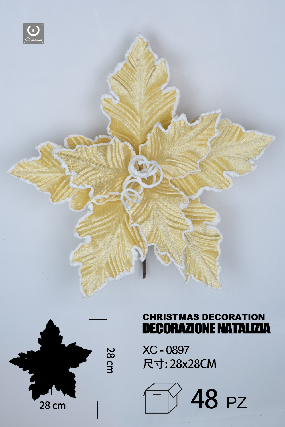 XC-0897 Decorazione natalizia a forma di fiore dorato con glitter altezza 28cm - immagine 1
