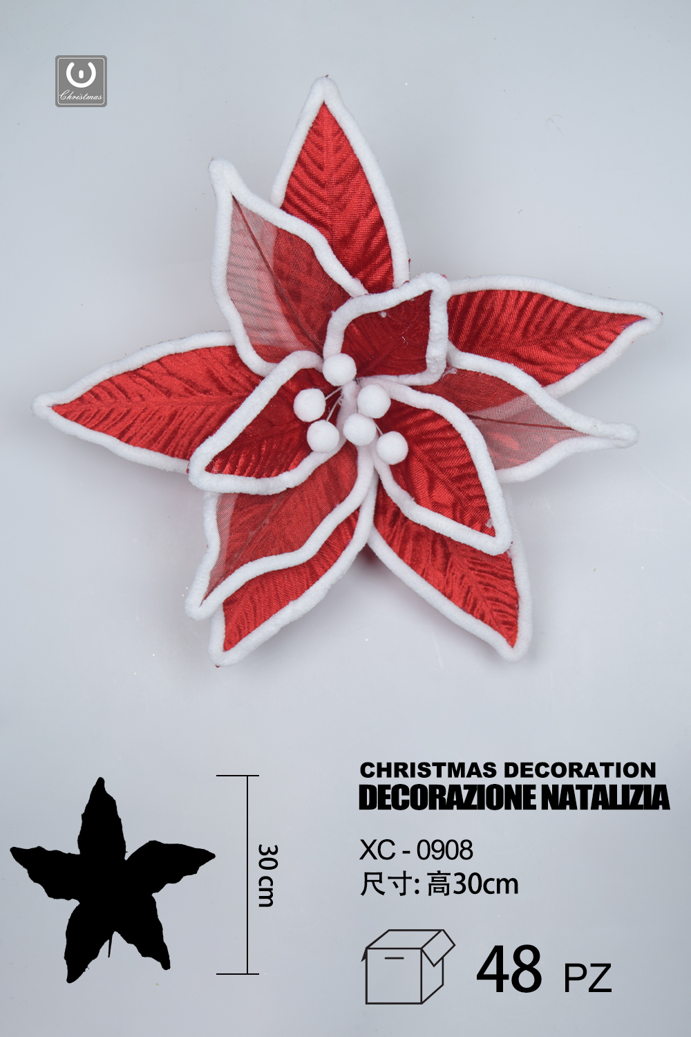 XC-0908 Decorazione natalizia a forma di fiore rossa e bianca altezza 30cm - immagine 1