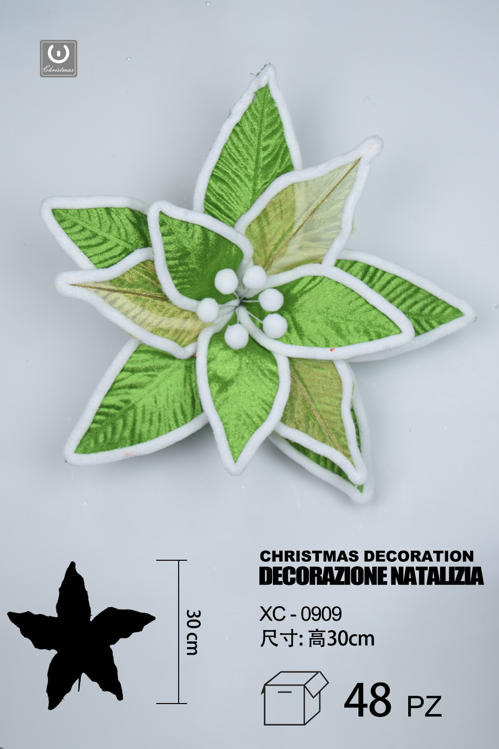 XC-0909 Decorazione natalizia a forma di fiore verde e bianca altezza 30cm - immagine 1