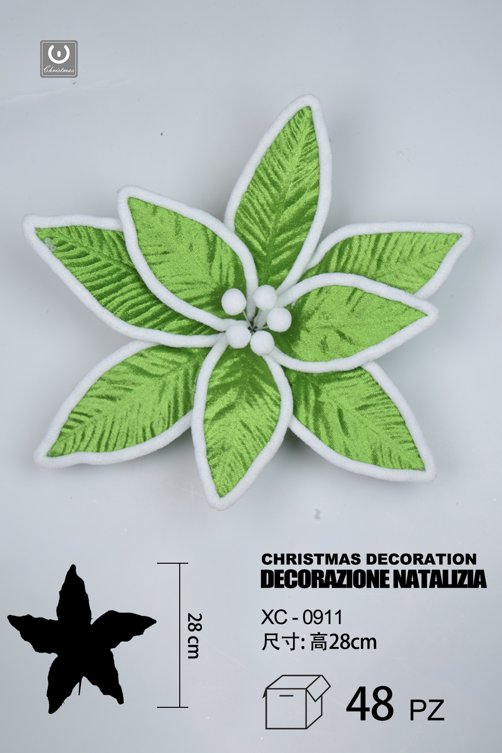 XC-0911 Decorazione natalizia a forma di fiore verde e bianca altezza 28cm - immagine 1