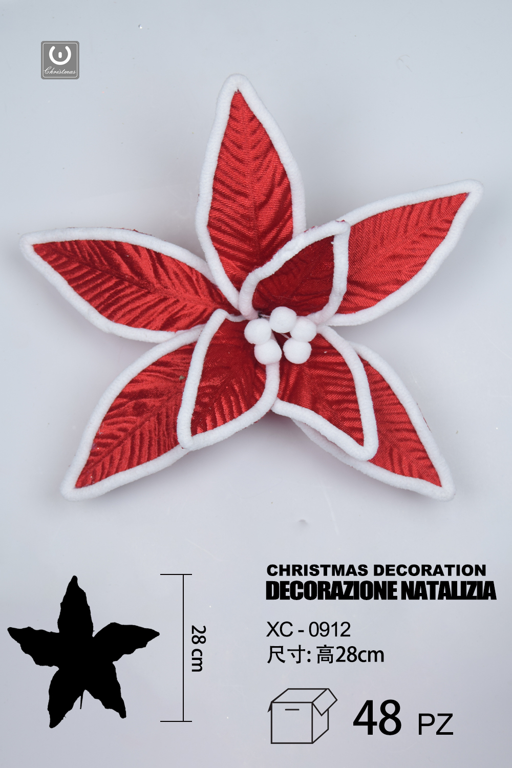 XC-0912 Decorazione natalizia a forma di fiore rosso e bianca altezza 28cm - immagine 1