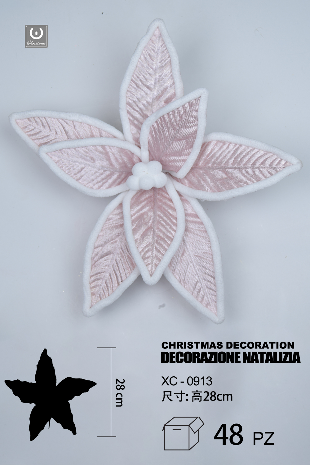 XC-0913 Decorazione natalizia a forma di fiore rosa e bianca altezza 28cm - immagine 1