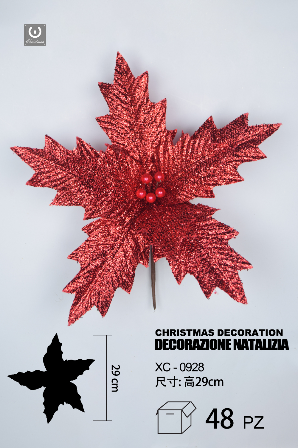 XC-0928 Decorazione natalizia a forma di fiore rosso con glitter altezza 29cm - immagine 1
