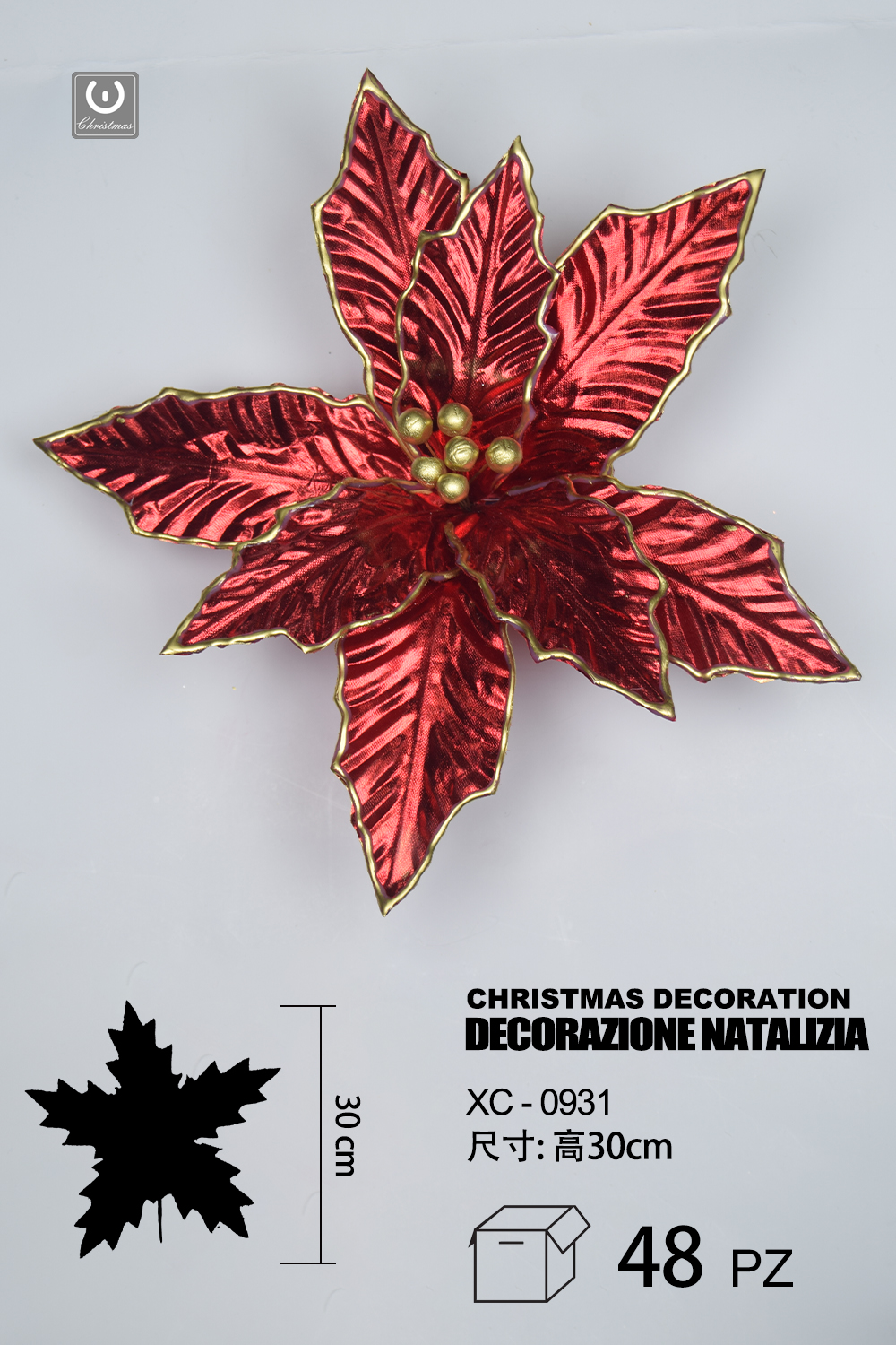 XC-0931 Decorazione natalizia a forma di fiore rosso con glitter altezza 30cm - immagine 1