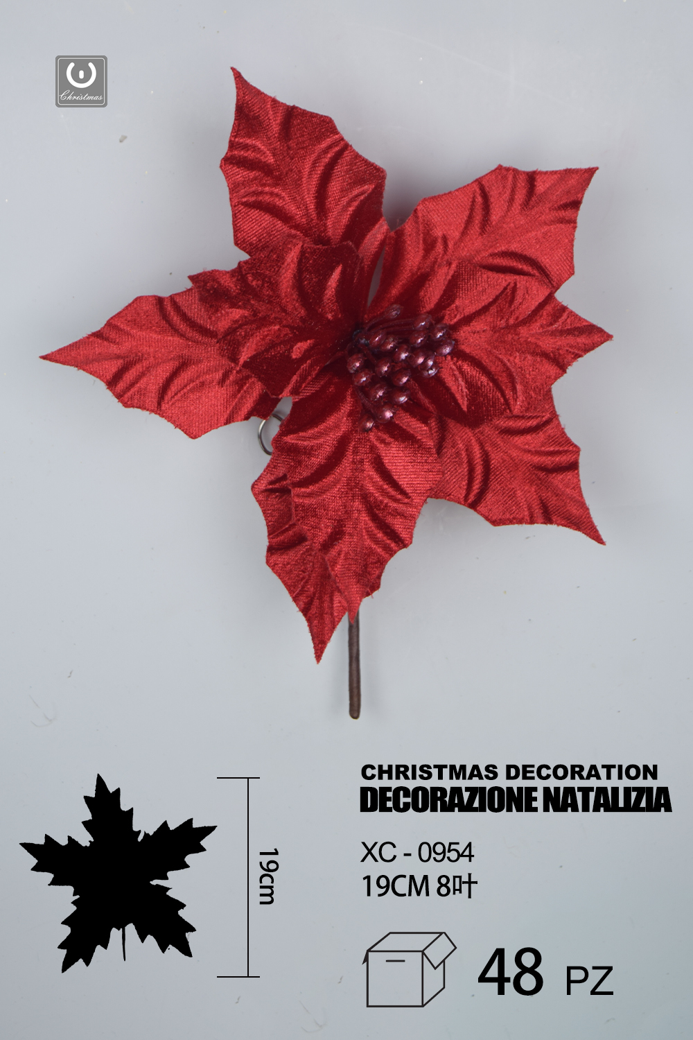 XC-0954 Decorazione natalizia a forma di fiore rosso altezza 19cm - immagine 1