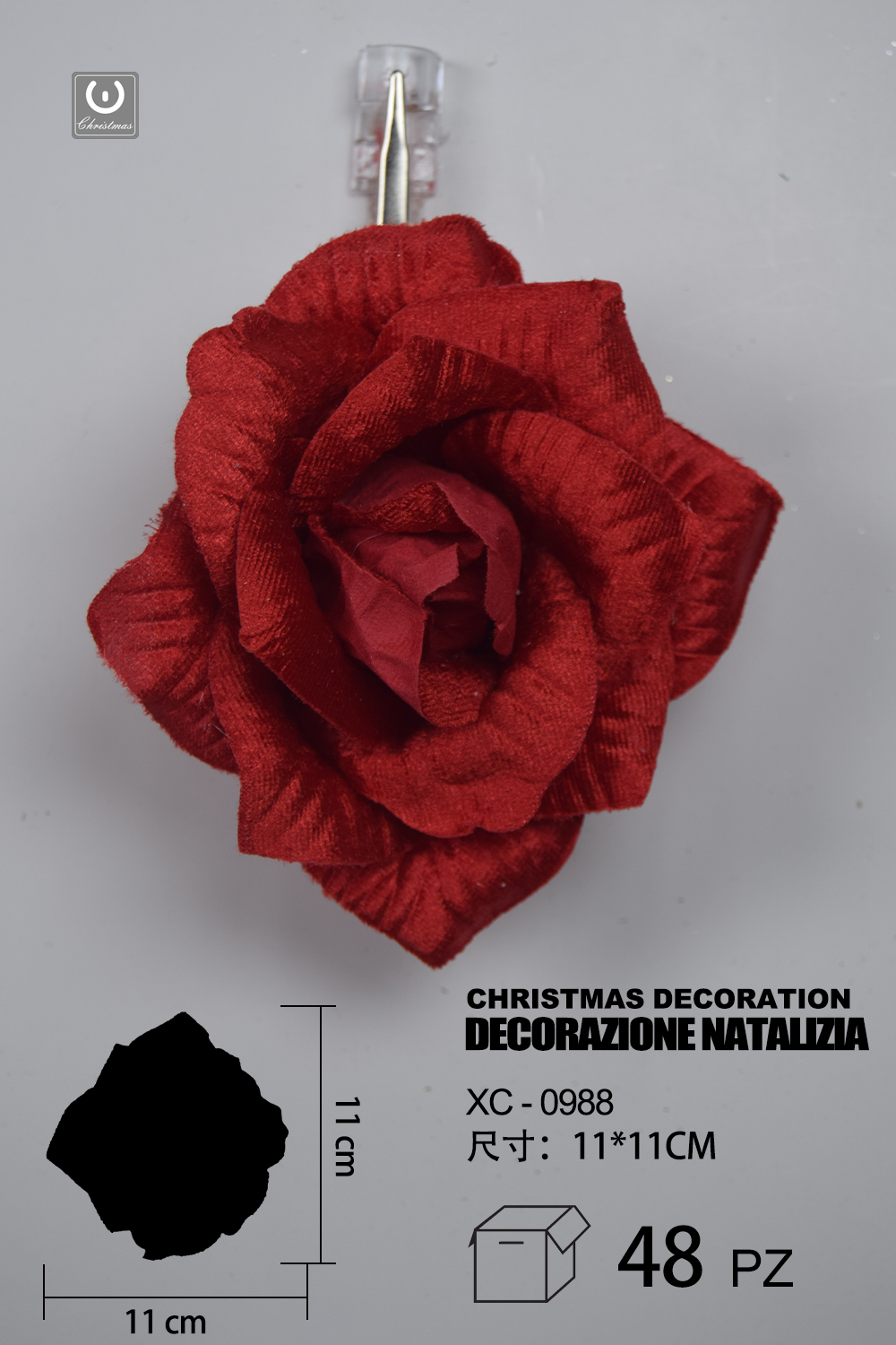 XC-0988 Decorazione natalizia a forma di rosa rossa con fermaglio - immagine 1