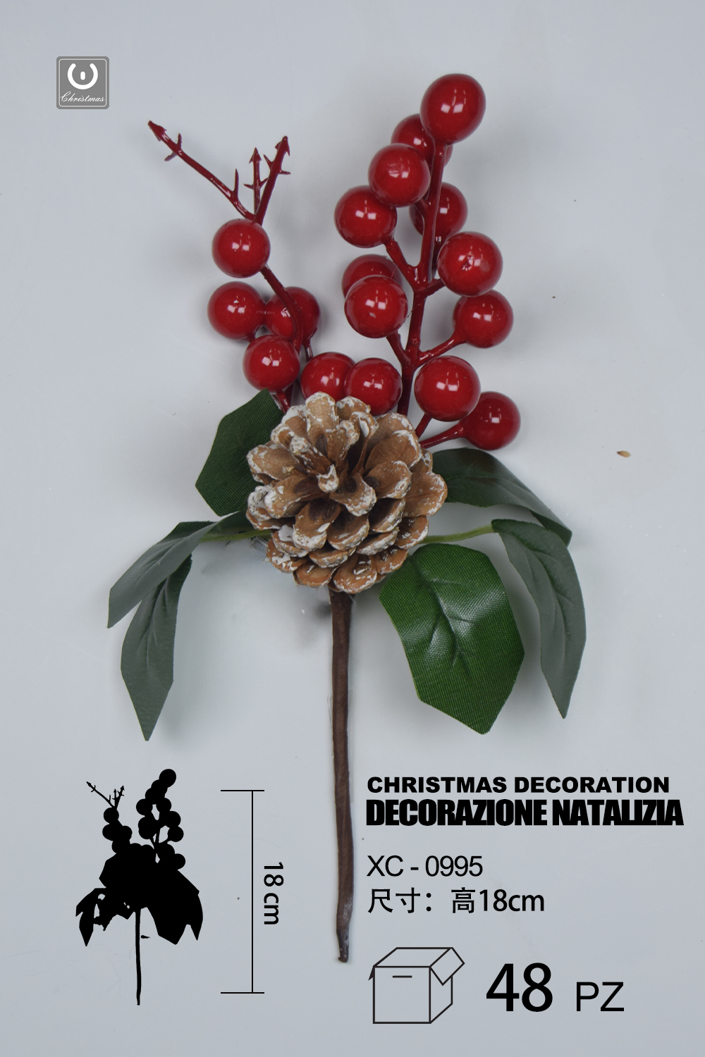 XC-0995 Ramo decorativo natalizio con bacche rosse e pigna altezza 18cm - immagine 1