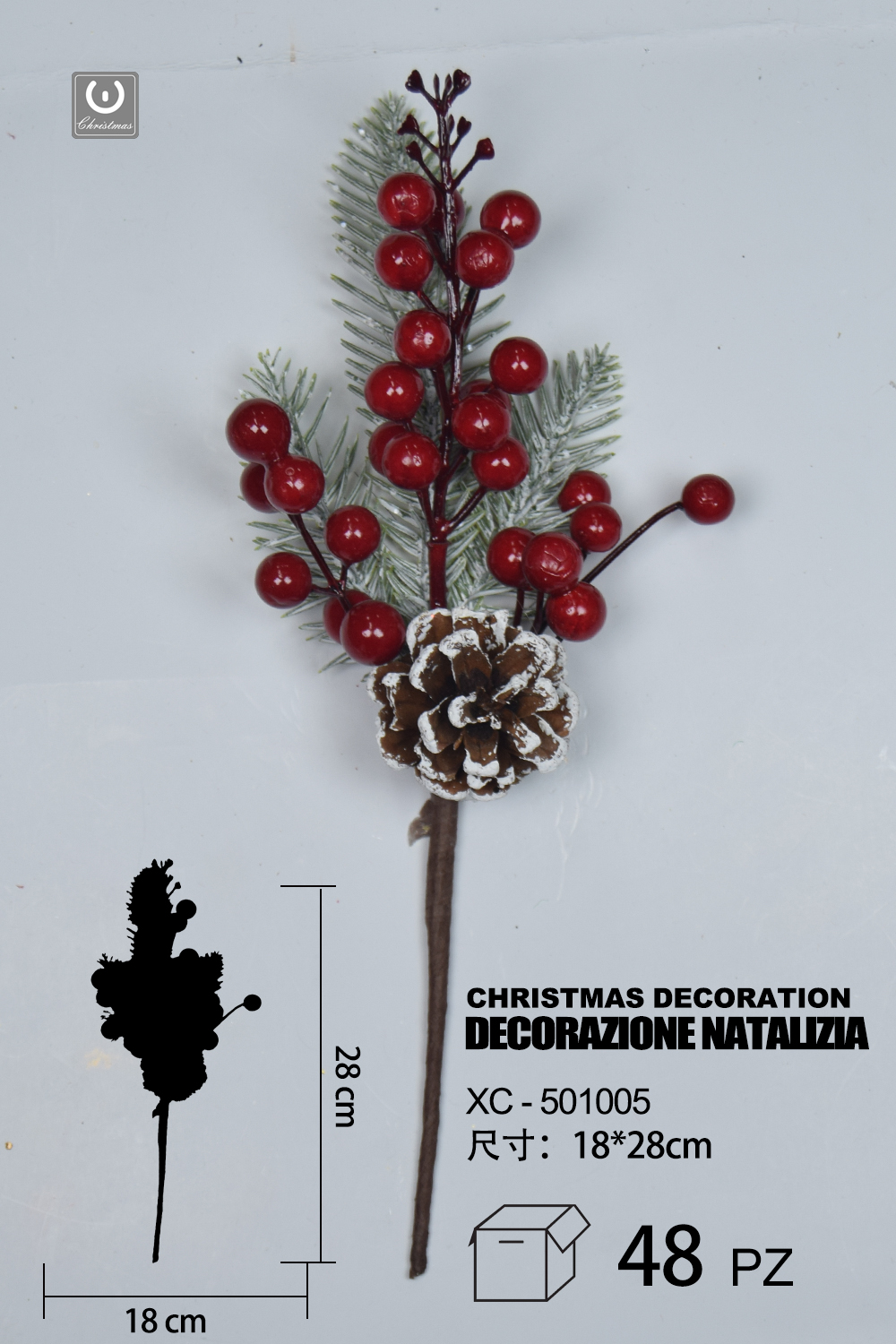 XC-501005 Ramo decorativo natalizio con bacche rosse e pigna innevata dimensioni 18x28cm - immagine 1
