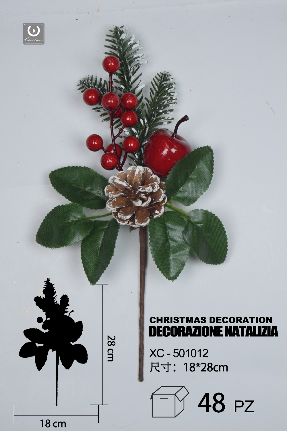 XC-501012 Ramo decorativo natalizio con bacche rosse mela e pigna innevata dimensioni 18x28cm - immagine 1