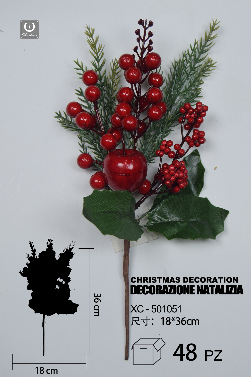 XC-501051 Ramo decorativo natalizio con bacche rosse e mela dimensioni 18x36cm - immagine 1