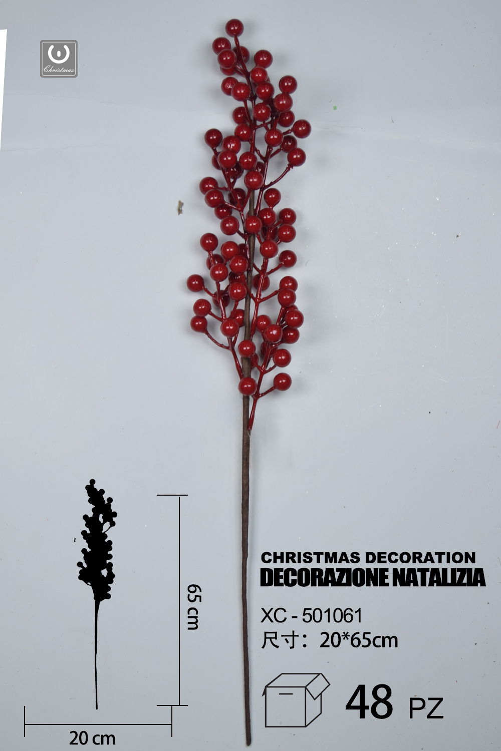 XC-501061 Ramo decorativo natalizio con bacche rosse dimensioni 20x65cm - immagine 1
