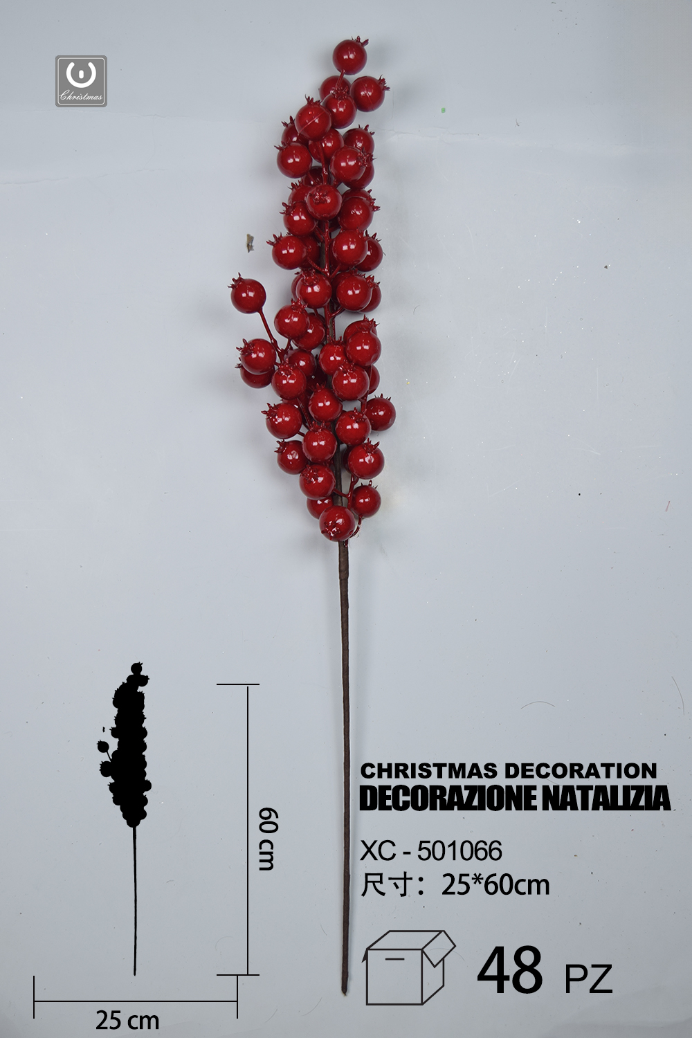 XC-501066 Ramo decorativo natalizio con bacche rosse dimensione 25x60cm - immagine 1