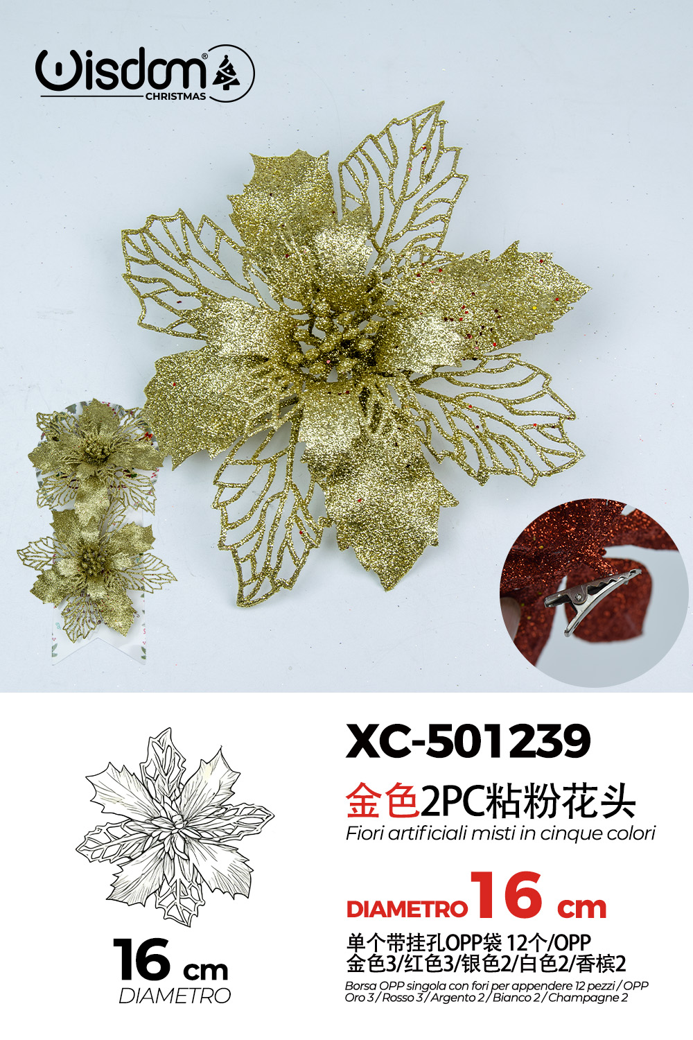 XC-501239 Decorazione natalizia a forma di ghirlanda floreale dorata con glitter diametro 16cm - immagine 1