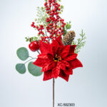 Decorazione natalizia a forma di rosa rossa in velluto con bacche e pino altezza 61cm