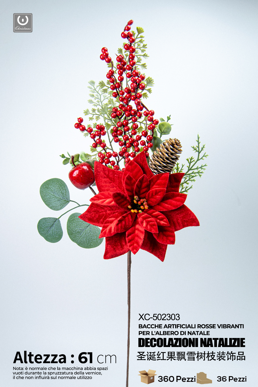 XC-502303 Decorazione natalizia a forma di rosa rossa in velluto con bacche e pino altezza 61cm - immagine 1