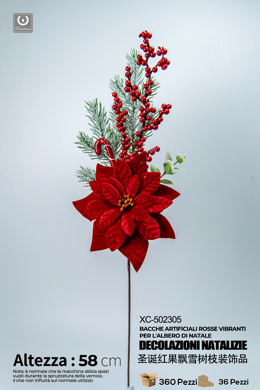 XC-502305 Decorazione natalizia a forma di rosa rossa in velluto con bacche e pino altezza 58cm - immagine 1
