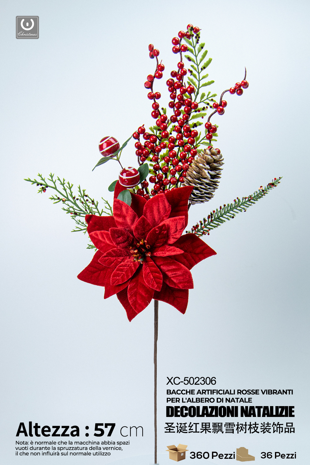 XC-502306 Decorazione natalizia a forma di rosa rossa in velluto con bacche e pino altezza 57cm - immagine 1