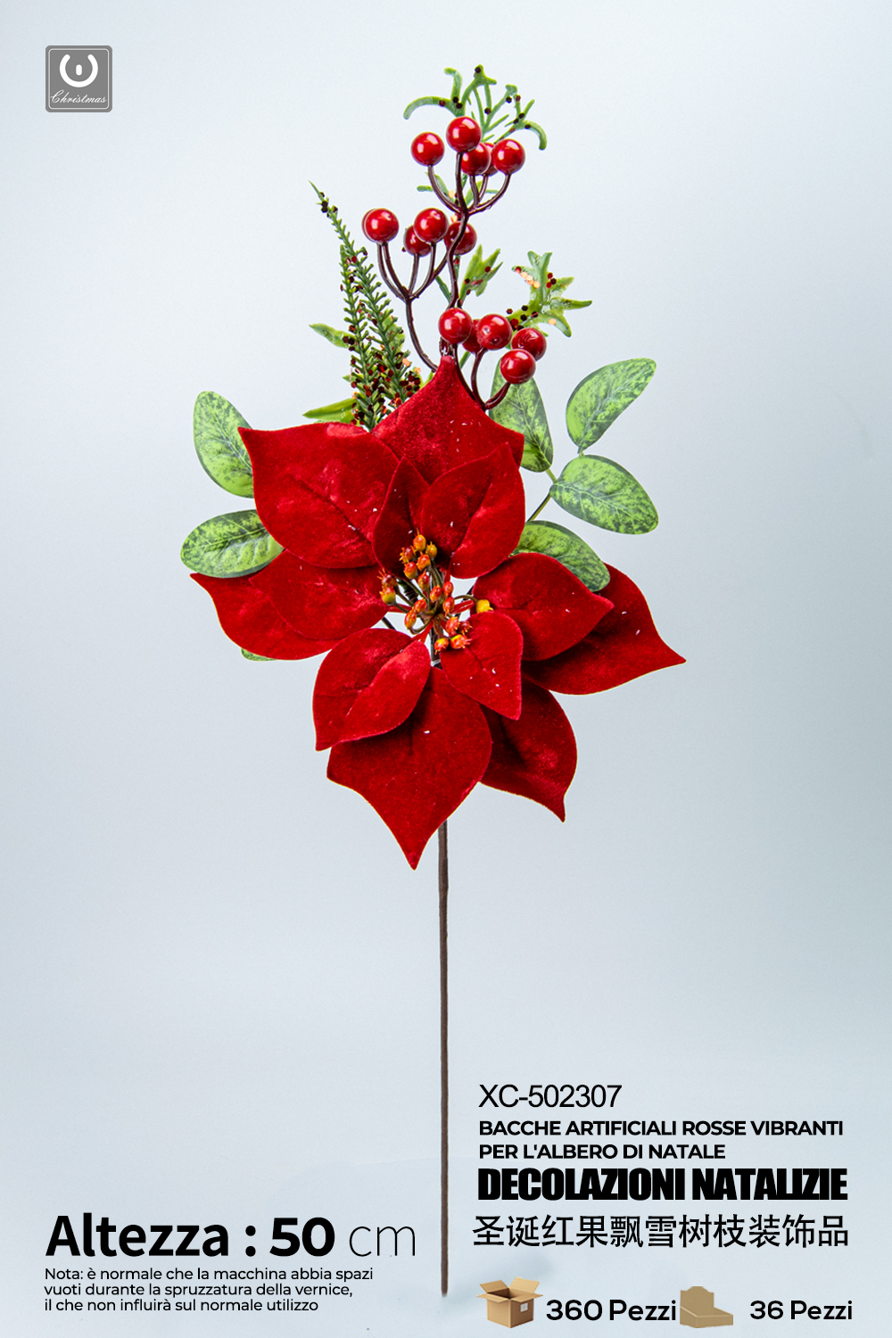 XC-502307 Decorazione natalizia a forma di rosa rossa in velluto con bacche e pino altezza 50cm - immagine 1
