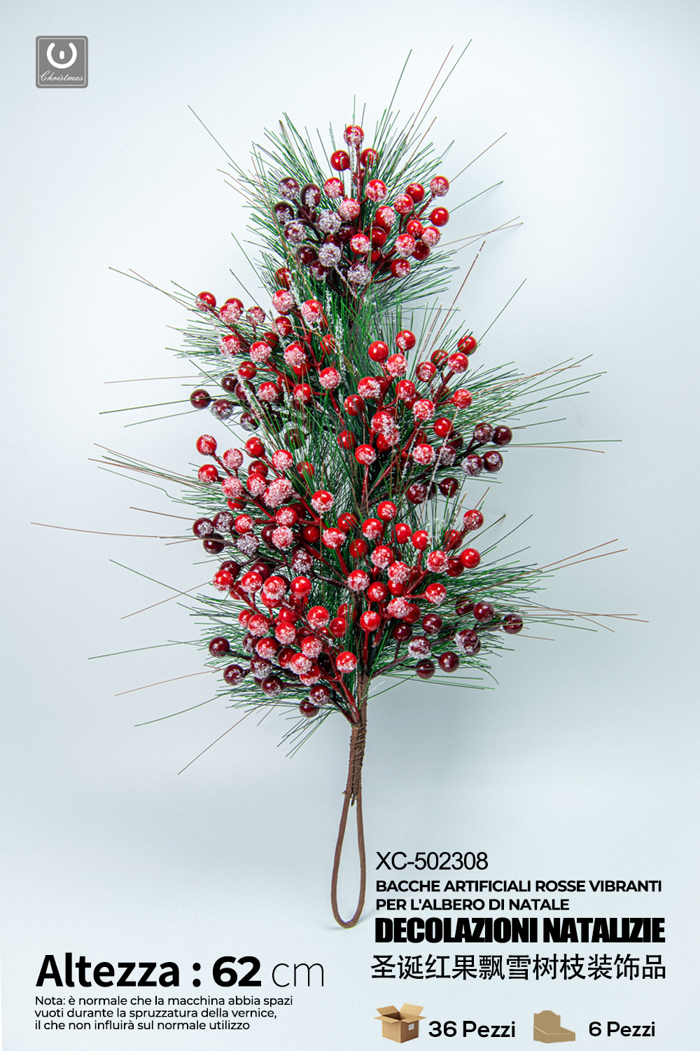 XC-502308 Ramo decorativo natalizio con bacche rosse innevate altezza 62cm - immagine 1