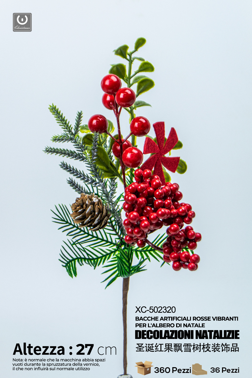 XC-502320 Ramo decorativo natalizio con bacche rosse e pigna dimensioni 27cm - immagine 1