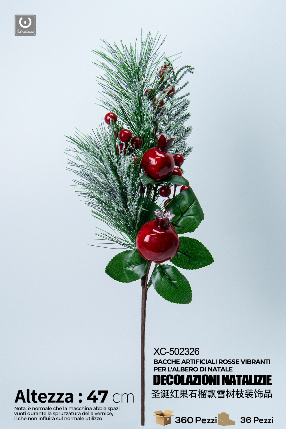 XC-502326 Ramo decorativo natalizio con bacche rosse e pigna dimensioni 47cm - immagine 1