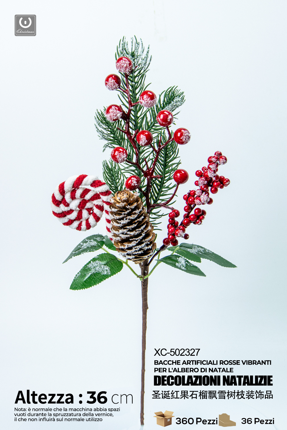 XC-502327 Ramo decorativo natalizio con pigna innevata e bacche dimensioni 36cm - immagine 1