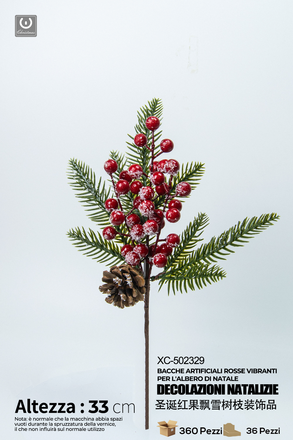 XC-502329 Ramo decorativo natalizio con bacche rosse e pigna innevata dimensioni 33cm - immagine 1