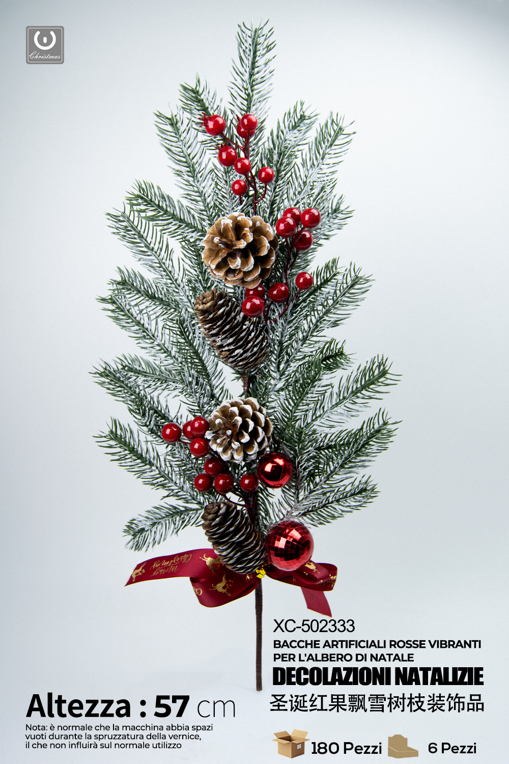 XC-502333 Ramo decorativo natalizio con bacche rosse e pigne innevate dimensioni 57cm - immagine 1
