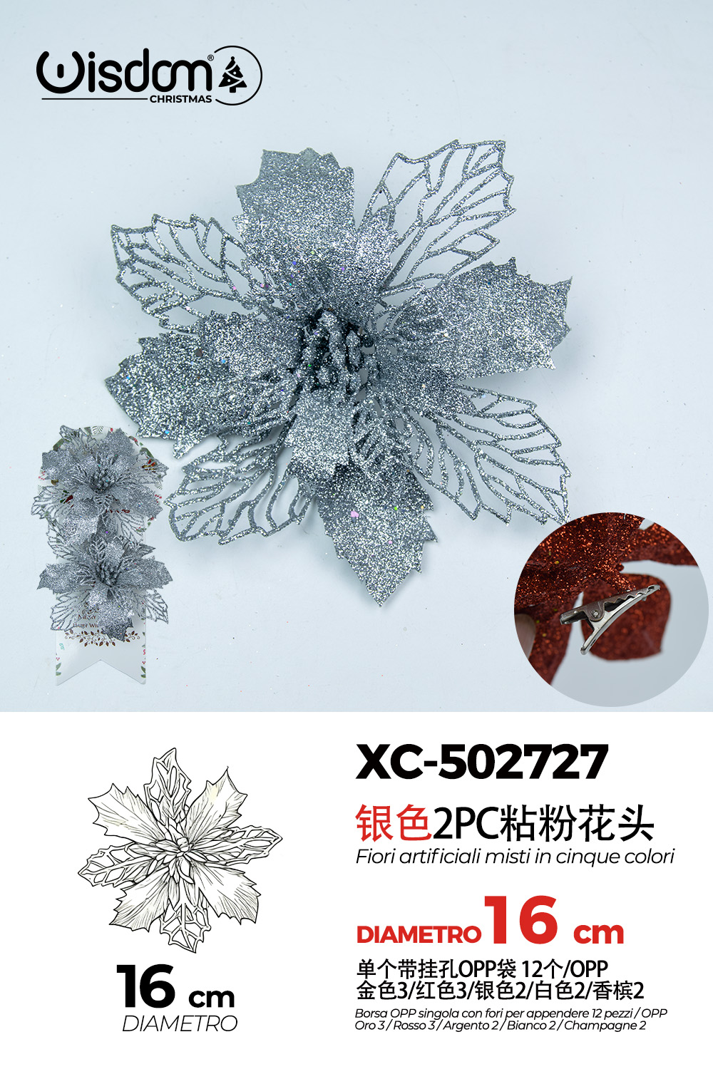 XC-502727 Decorazione natalizia a forma di ghirlanda floreale argentata con glitter diametro 16cm - immagine 1